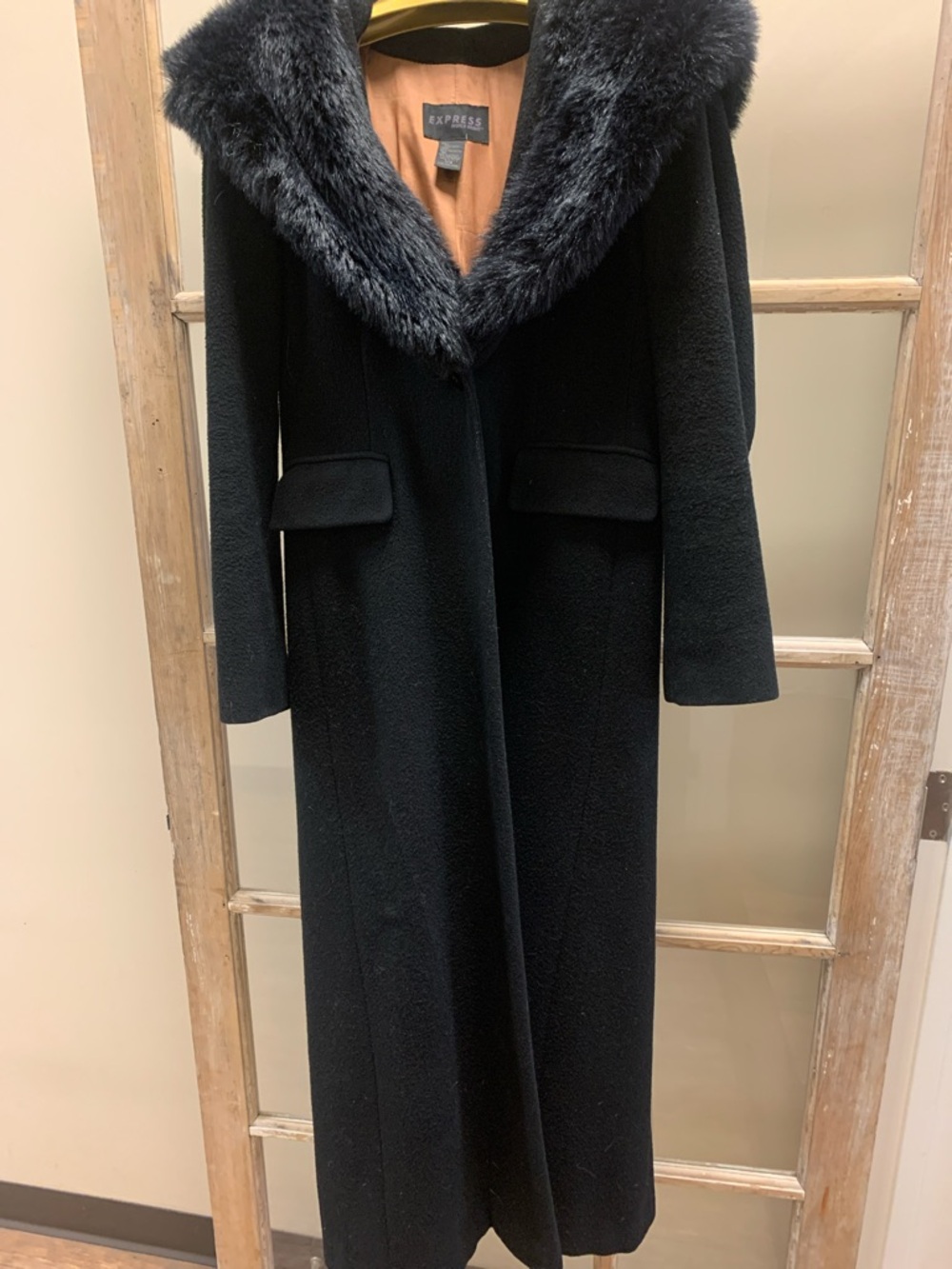 Express Black Wool Long Coat with Faux Fur Collar